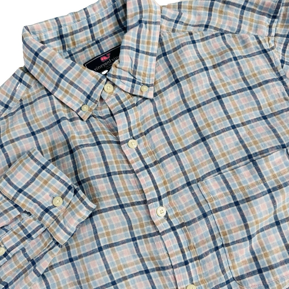 Vineyard Vines Linen Classic Fit Shirt Mens Medium Blue Plaid Button Down